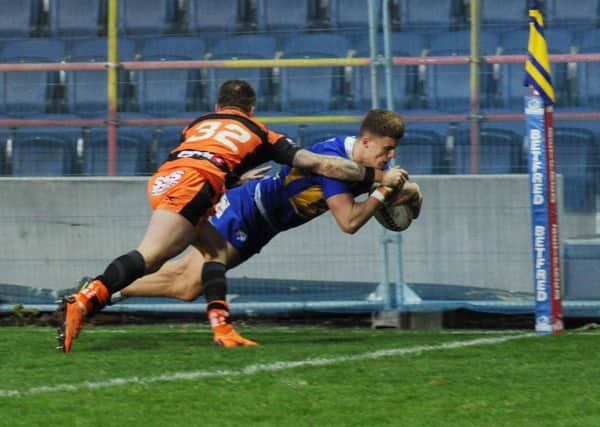 Ash Handley touches down for Leeds Rhinos against Castleford Tigers in pre-season.