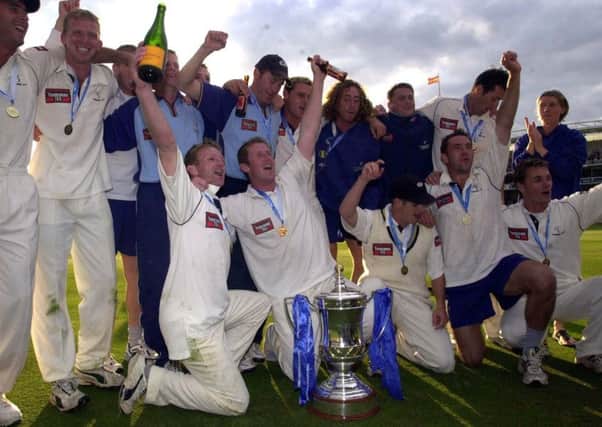 GRAND DAY OUT: Yorkshire's players celebrates after beating Somerset in the final of the 2002 Cheltenham & Gloucester Trophy