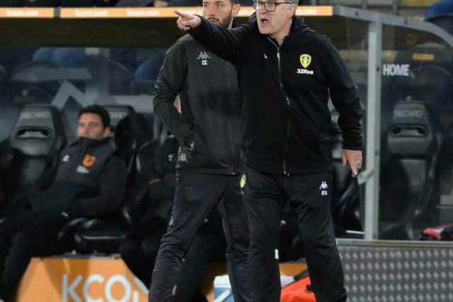 Carlos Corberan looks on as Marcelo Bielsa directs play during Leeds United's 1-0 win over Hull City.