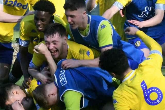 Leeds United celebrate Hugo Diaz's late strike at Burnley.