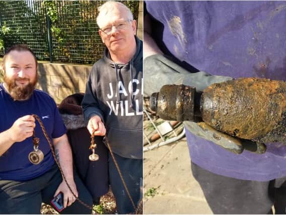 Left: The magnet fisherman who found the mortar. Right: The Boer War bomb.