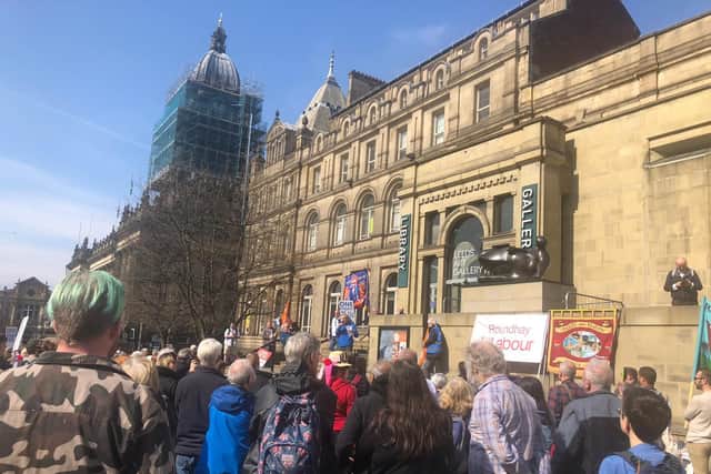 Crowds gathered to listen to speakers in front of Leeds City Art Gallery.
