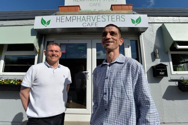 David Cummings and Phil Shaw at the Hempharvester Cafe.