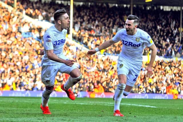 Pablo Hernandez celebrates his winning goal with Jack Harrison.  Picture: Tony Johnson.