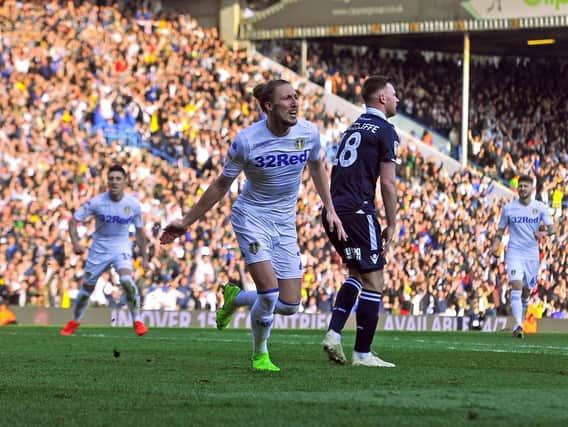 UNSTOPPABLE: Leeds United's Luke Ayling celebrates his powerful header which drew the Whites back level at 2-2. Picture by Tony Johnson.