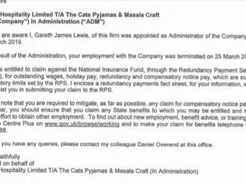 A letter sent to members of staff informing them of their redundancy