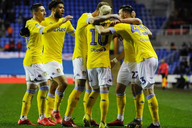 Leeds United players celebrate.