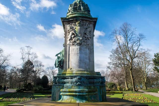 This memorial was unveiled in November 1905, and originally stood outside Leeds Town Hall.  It was moved to Woodhouse Moor in 1937 was designated as a Grade II* listed building in August 1976.