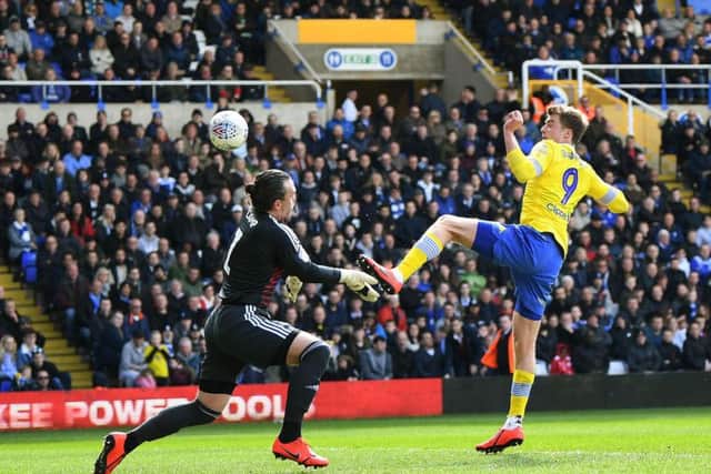 Leeds United striker Patrick Bamford hits the post at Birmingham City.