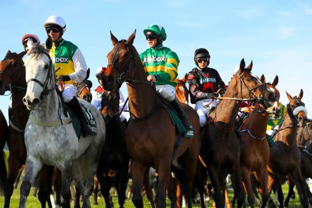 The grey Vintage Clouds and jockey Danny Cook (left) at the start of the Grand National.