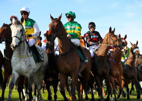 The grey Vintage Clouds and jockey Danny Cook (left) at the start of the Grand National.