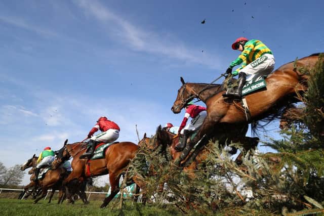 Jonathan Burke and Regal Encore follow Davy Russell on Grand National hero Tiger Roll at the Canal Turn.