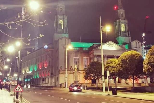 Leeds Civic Hall lit up in the colours of the Lithuanian flag (Picture: Marius Bubnelis)