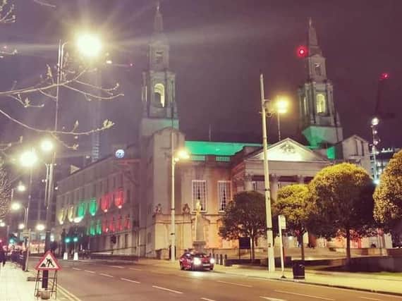 Leeds Civic Hall lit up in the colours of the Lithuanian flag (Picture: Marius Bubnelis)