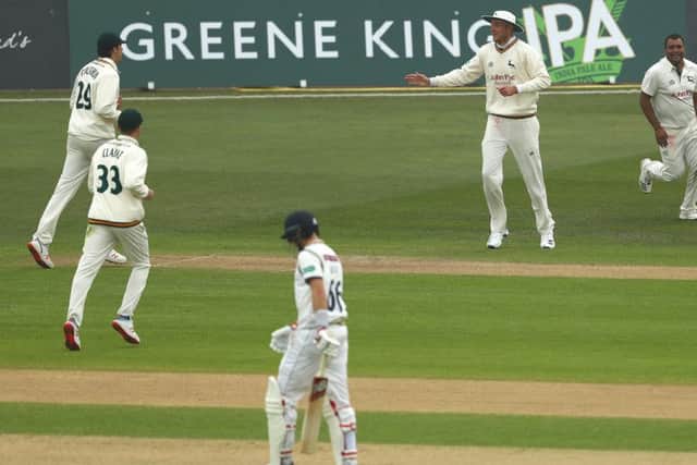 Samit Patel of Nottinghamshire celebrates the wicket of Joe Root with Stuart Broad at Trent Bridge Picture: Matthew Lewis/Getty Images)