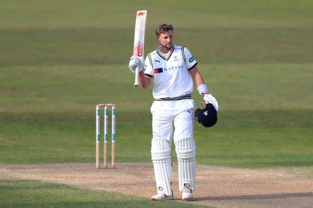 TOP MAN: Yorkshire's Joe Root celebrates reaching his century at Trent Bridge. Picture: Simon Cooper/PA