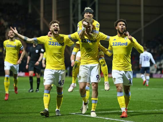 PRES-SING ON: Leeds United striker Patrick Bamford, centre, celebrates his second goal in Tuesday night's 2-0 win at Preston North End. Picture by Bruce Rollinson.