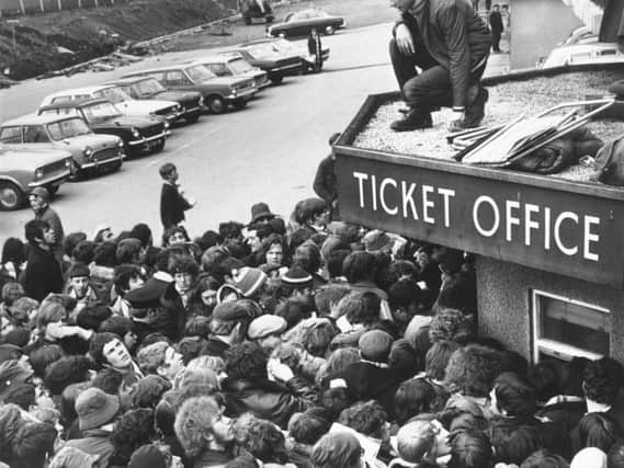 Leeds, Elland Road, April 7, 1970: West Stand Ticket Office, queuing for Cup tickets