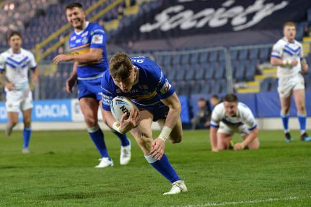 Harry Newman scores his fourth try against Workington Town.