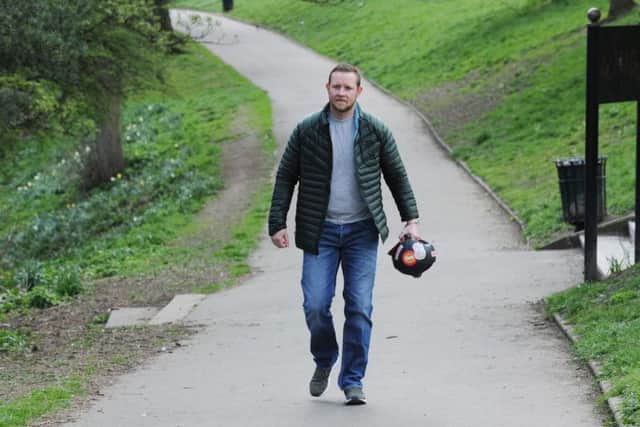 Army veteran Christian Kisby a Yorkshire Regiment veteran who is spending a week with a 15kg weighted ball handcuffed to his wrist in a bid to raise awareness of PTSD in soldiers