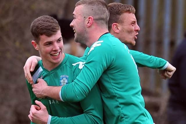 New Pudsey's Joe Thorpe celebrates his goal against Sanford Cup semi-final opponents Hope Inn Whites. PIC: Tony Johnson