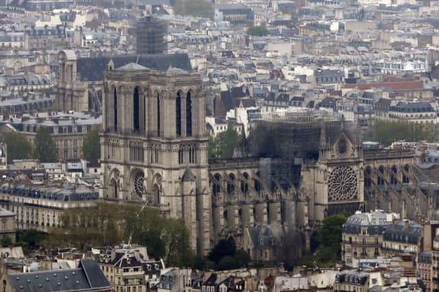 The blackened Notre Dame cathedral in Paris after Monday's devastating fire.