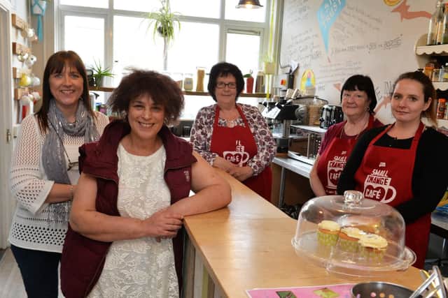 LS14 Trust's community development manager Joanne Curtis with volunteers Geraldine Talbot, Pauline Cass, Linda Palmer and Gemma Docherty at the centre's new cafe. Picture: Bruce Rollinson.
