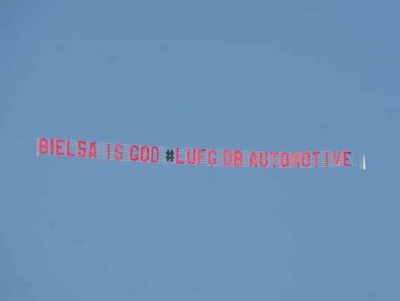 Leeds United banner above Elland Road.
