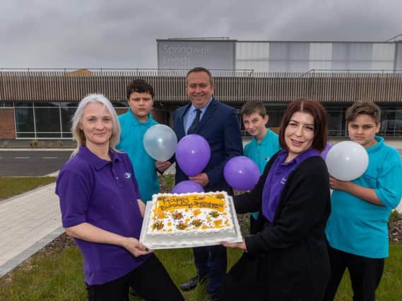 Springwell Academy celebrating their first birthday. Pictured (left to right) Mandy Teale, Care Team, Konneur Dooley, Scott Jacques, Executive Principal of Springwell Academy, Kieran Dixon, January Boci, Teaching Assistant, and Callum Wilkinson.