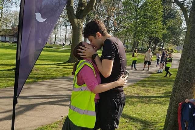 He said yes! This was the moment Lucy Rider and Alan Lumb got engaged at the finish line of Woodhouse Moor ParkRun - where they met three years ago.