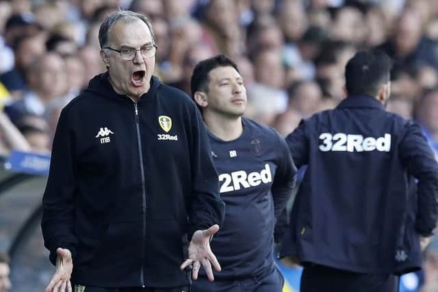 Leeds United head coach Marcelo Bielsa reacts during the game against Wigan Athletic.