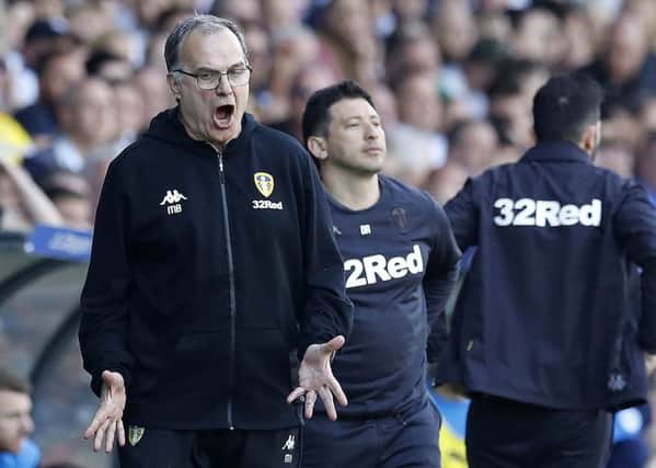 Leeds United head coach Marcelo Bielsa reacts his side's 2-1 defeat to Wigan Athletic.