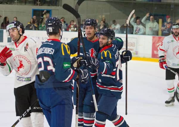 GB's players celebrate one of their goals in the 3-1 win over Hungary in Milton Keynes on Sunday. Picture: Tony Sargent/IHUK