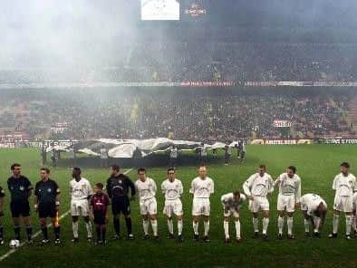 Leeds United players line up at the San Siro.