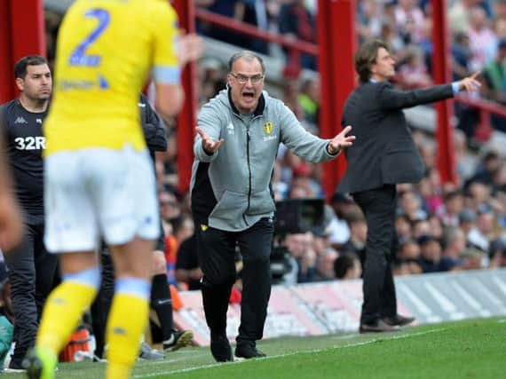 An animated Marcelo Bielsa shouts instructions at his players during Leeds United's 2-0 defeat to Brentford.