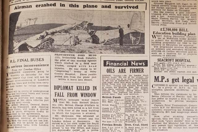 Report of Spitfire crashing in field near Yeadon in 1949 - pilot escapes with minor head injury