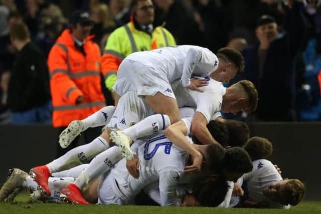 Leeds United celebrate late winner at Elland Road.