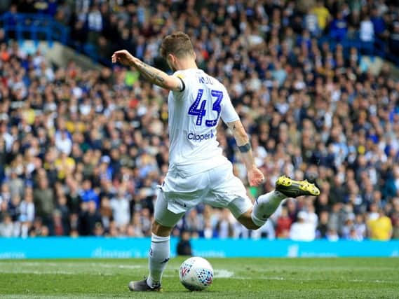 Leeds United's Mateusz Klich fires in his controversial goal against Aston Villa.