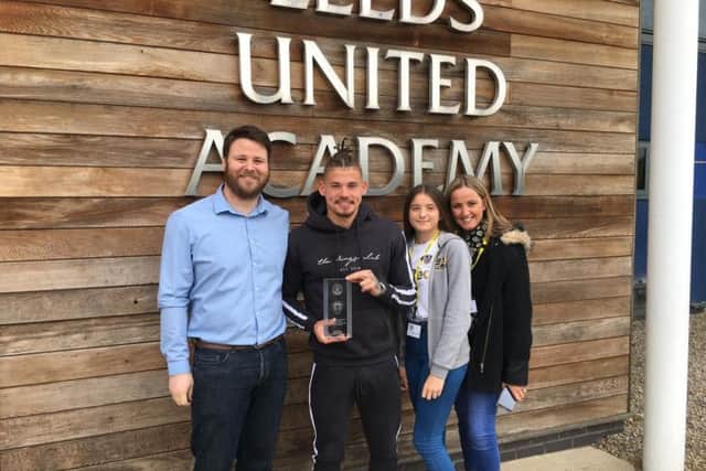 Kalvin Phillips with representatives of Jackson Trophies of Crossgates, long-time sponsors of the YEP's player of the year award.
