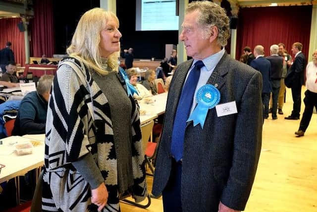 Conservative Cllrs Helen Mallory and John Nock discus the events at the local election count at the Scarborough Spa. pic Richard Ponter