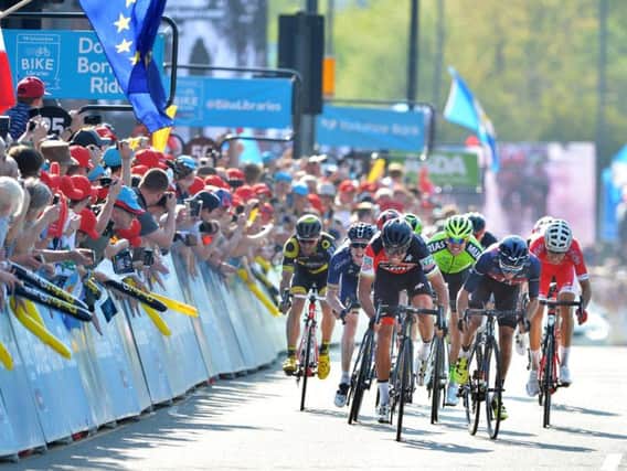 Greg Van Arvermaet comes into the finish in Leeds to win the 2018 Tour de Yorkshire. May 6 2018.