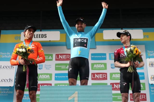 CCC's Greg Van Avermaet, Ineos' Chris Lawless and Ineos' Eddie Dunbar take to the podium for the final time of this year's Tour de Yorkshire. PIC: Bradley Collyer/PA Wire