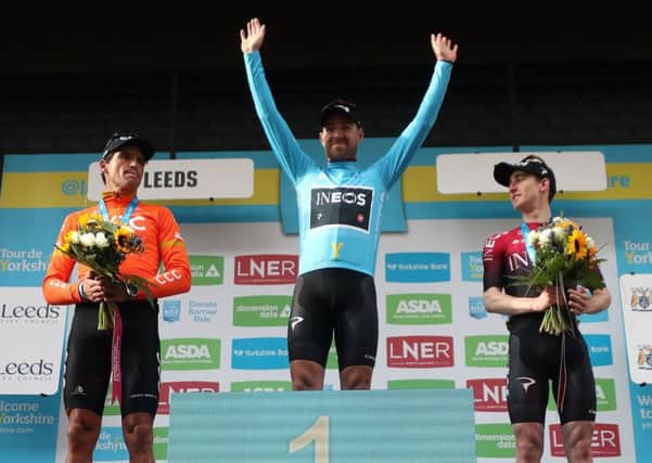 CCC's Greg Van Avermaet, Ineos' Chris Lawless and Ineos' Eddie Dunbar take to the podium for the final time of this year's Tour de Yorkshire. PIC: Bradley Collyer/PA Wire