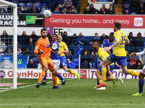 Kemar Roofe strikes the bar in the second half of Leeds United's 3-2 defeat to Ipswich Town.