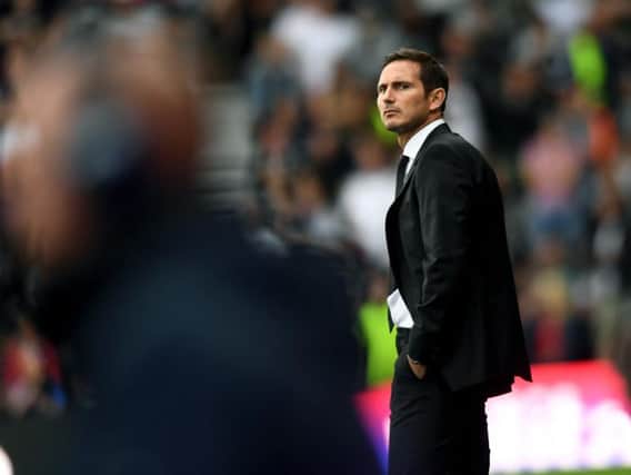 Derby County manager Frank Lampard in his dug-out at Pride Park on the day of a 4-1 defeat to Leeds United.