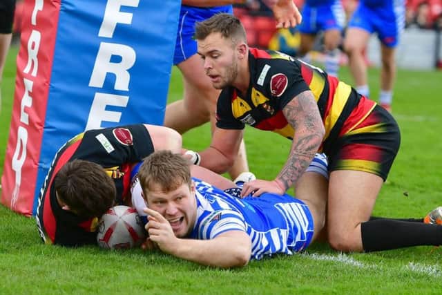 Ben Kaye pictured scoring against Dewsbury Rams last year.