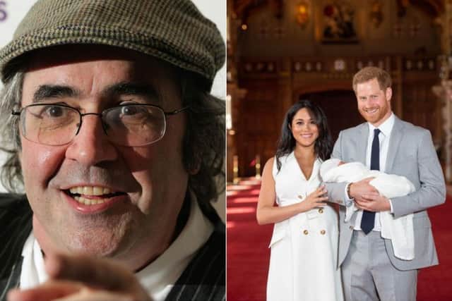 Danny Baker has been sacked. Right: Prince Harry and Meghan Markle with newborn Archie