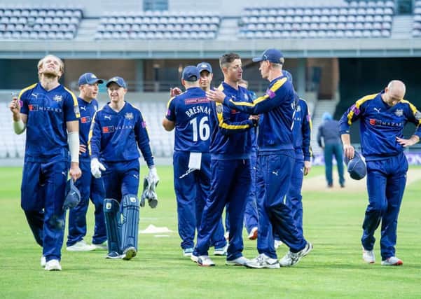 NOT THIS TIME: Yorkshire's players show their frustration after settling for a tie against Derbyshire in nthe Royal London Cup. Picture: Allan McKenzie/SWpix.com