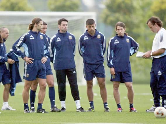 BIG GAME PLAYER: Marcelo Bielsa gives instructions to his Argentina side during a session at the Japan and South Korea 2002 World Cup at J-Village Naraha training camp. Left to right are Juan Pablo Sorfn, Mauricio Pochettino, Diego Simeone, Pablo Cavallero, Walter Samuel and Diego Placente. Argentina lost 1-0 to England in their next game as David Beckham settled the contest with a 44th-minute penalty. PICTURE BY DANIEL GARCIA/AFP/Getty Images)