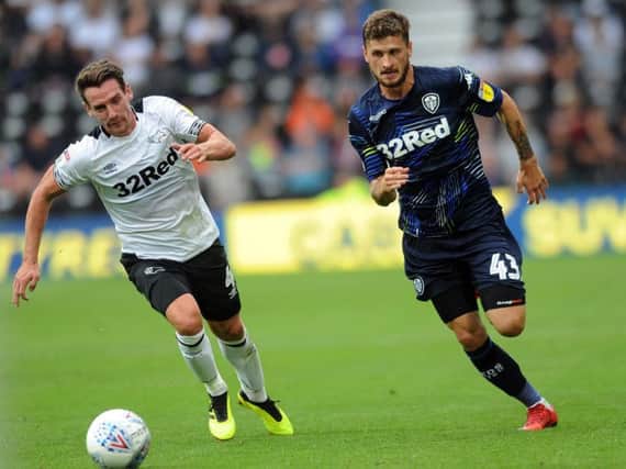 Leeds United travel to Derby County in the Championship play-offs.